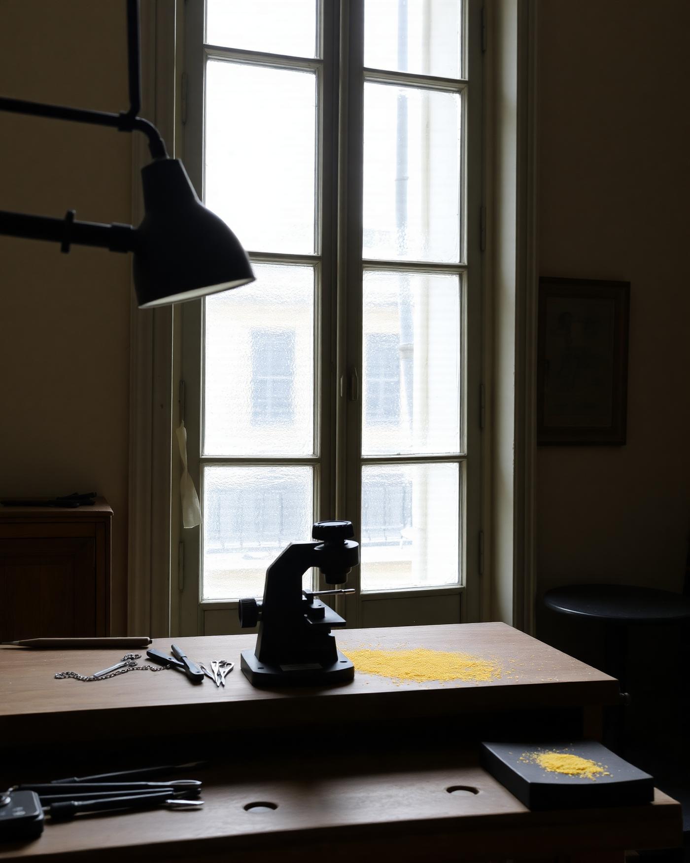 Établi de l'atelier parisien devant une fenêtre, outils et limaille d'or