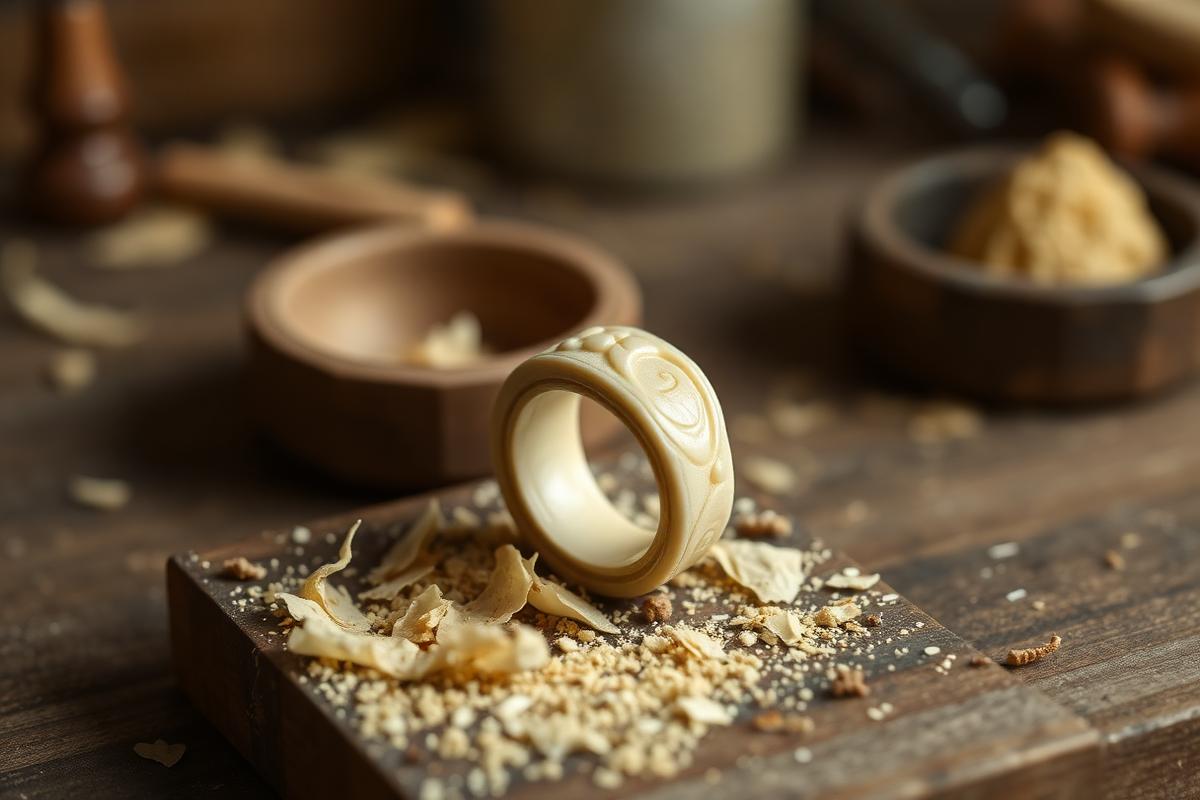 Modèle en cire d'une bague sur l'établi