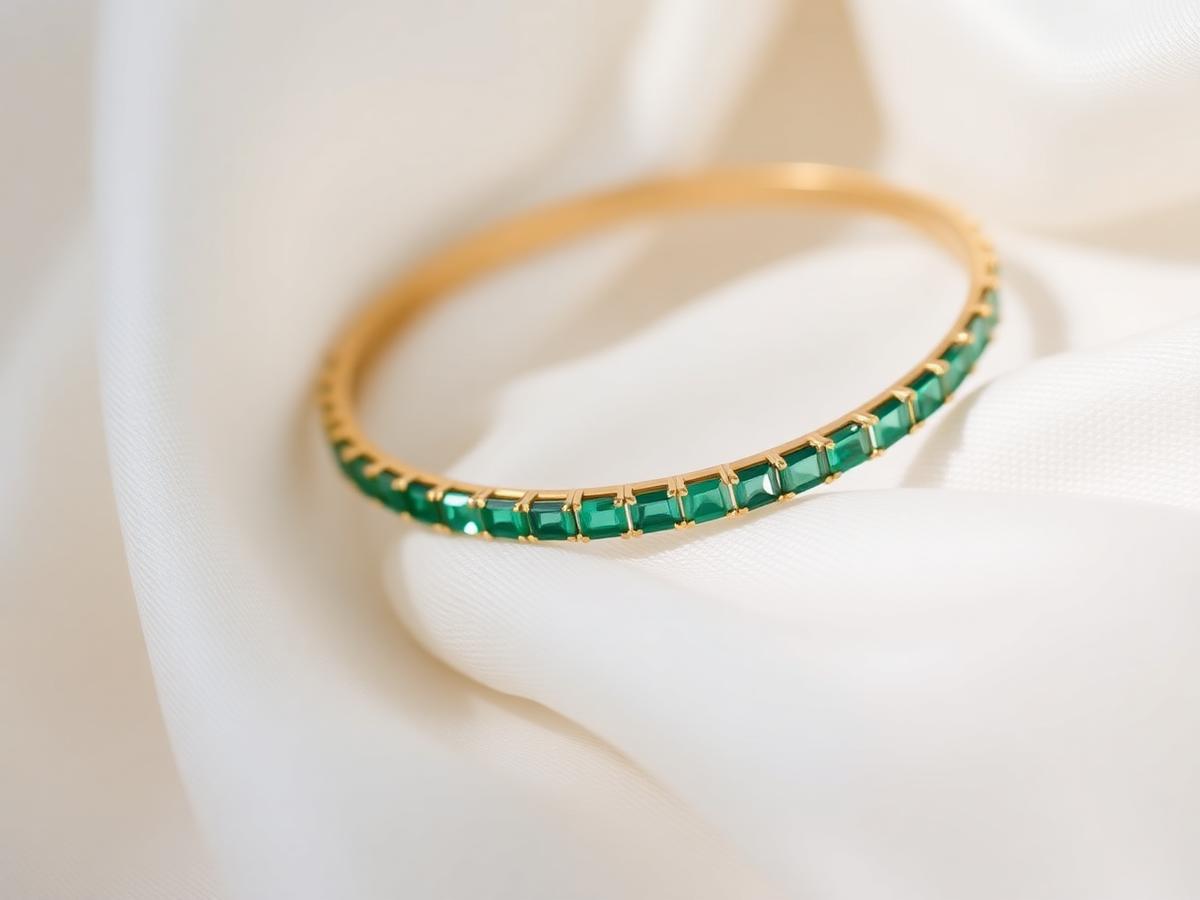 Bracelet rigide en or jaune serti d'émeraudes baguette
